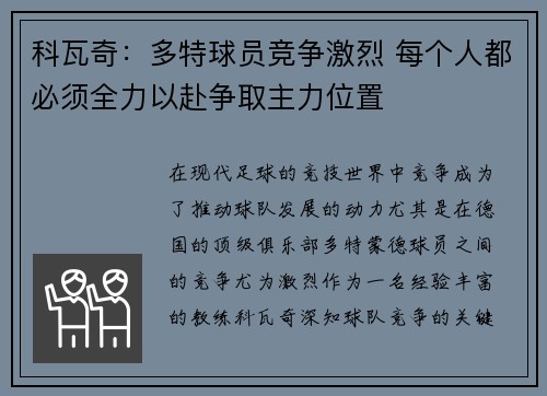 科瓦奇:多特球员竞争激烈 每个人都必须全力以赴争取主力位置